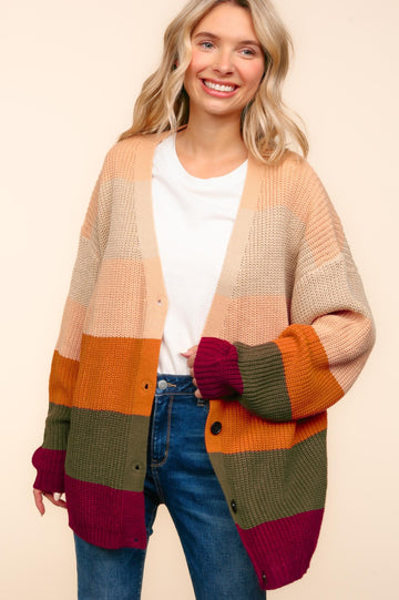 PLUS BUTTON DOWN MULTI COLOR STRIPE CARDIGAN