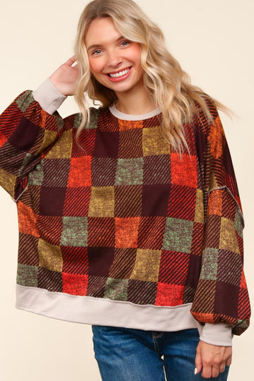PLUS CHOCOLATE DROP SHOULDER COLOR BLOCK PLAID CHECK PRINT