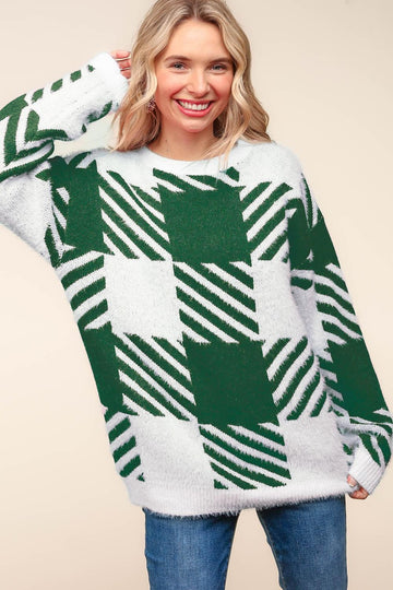 PLUS PLAID PATTERN SOFT BRUSHED HAIRY SWEATER HOLIDAY TOP