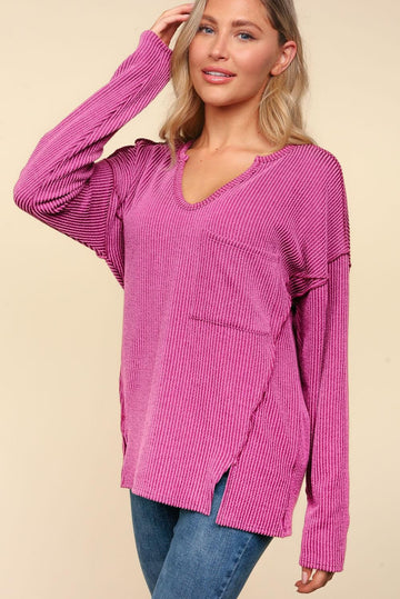 Magenta Mineral Washed Rib Top with Slits and Pockets