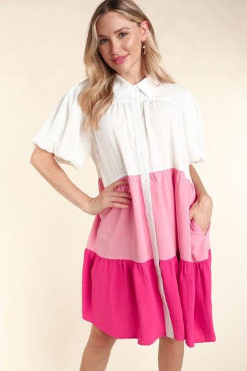 Ivory Pink Fuchsia Button Down Color Block Pocketed Dress