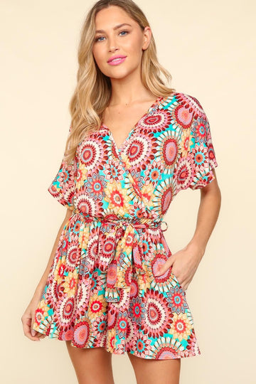 Aqua/Coral Surplice Dolman with Side Pockets Sash Belt (1-2-2)