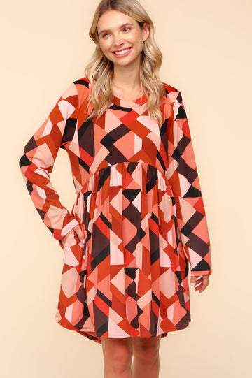 GEOMETRIC PRINT BABYDOLL WITH SIDE POCKETS