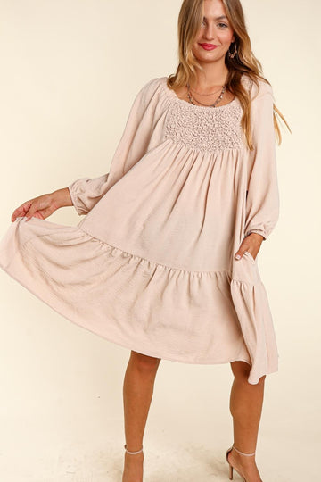 Plus Taupe Babydoll Solid Smocked Woven Pocketed Dress