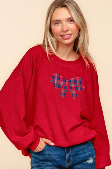 BOW PLAID EMBROIDERY PULLOVER KNIT TOP