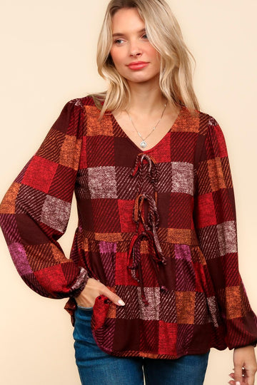 PLUS RIBBON TIE BABYDOLL PLAID BLOUSE TOP