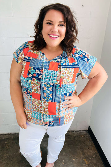 Blue & Orange Boho Patchwork Raglan Top (Open Pack)