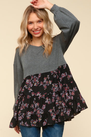 PLUS DROP SHOULDER FLORAL PRINT BABYDOLL TOP