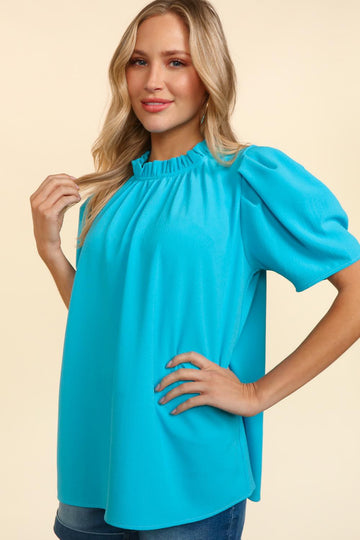 Blue Pleated Woven Top with Back Neck Button