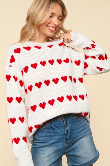 PLUS LONG SLEEVE HEART STRIPE PULLOVER SWEATER TOP