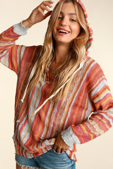 Coral Sienna Stripe Pullover With Hoodie & Twill Tape