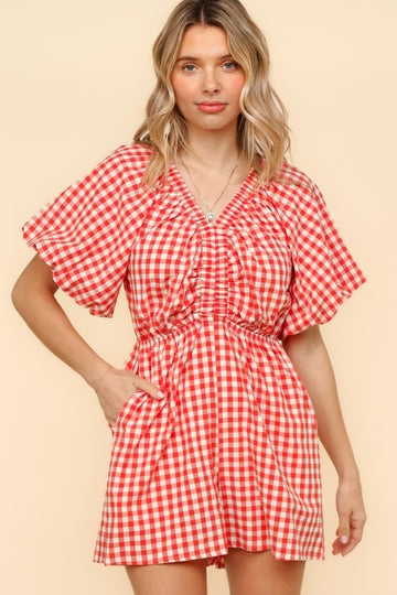 GINGHAM CHECK WOVEN ROMPER WITH SIDE POCKET