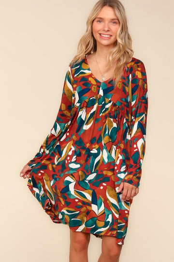 RUST BABYDOLL EMPIRE WAIST ABSTRACT PRINT DRESS