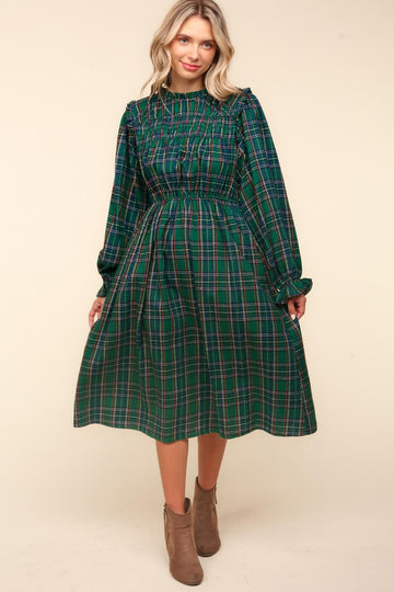 GREEN PLAID CHECK WOVEN DRESS WITH SIDE POCKETS