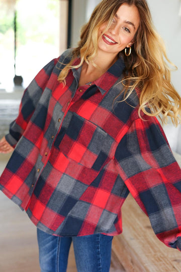 Red Plaid Check Oversized Top with Pockets
