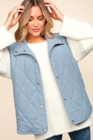 Plus Slat Blue High Neck Sleeveless Snap Button Corduroy Vest