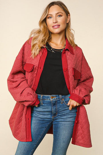 MARSALA QUILTED KNIT OVERSIZED BUTTON DOWN SHACKET