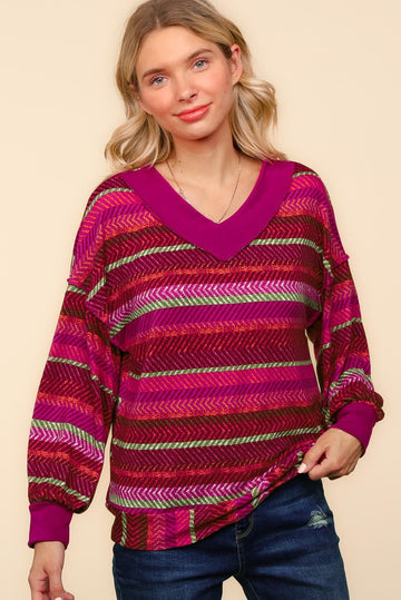 V NECK DROP SHOULDER STRIPE PRINT SWEATER TOP
