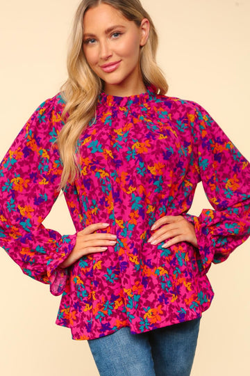 Frilled Mock Neck Floral Woven Blouse