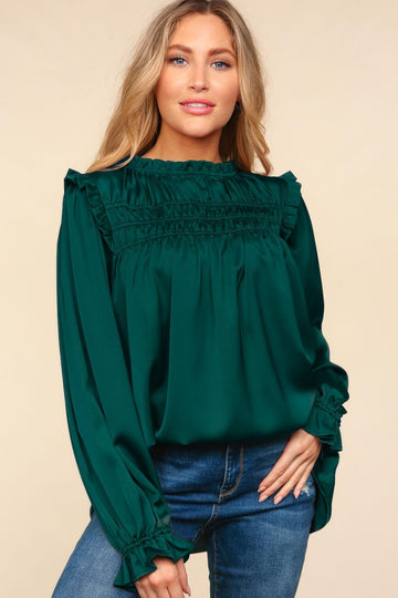 Hunter Green Mock Neck Satin Woven Blouse Top