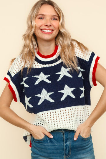 PLUS PATRIOTIC STAR AND STRIPE NETTED SWEATER TOP