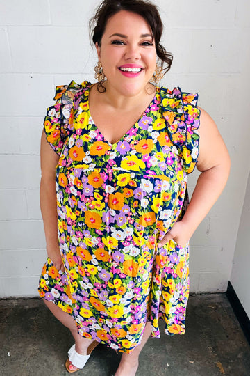 Indigo & Lemon Floral Babydoll Ruffle Dress (Open Pack)