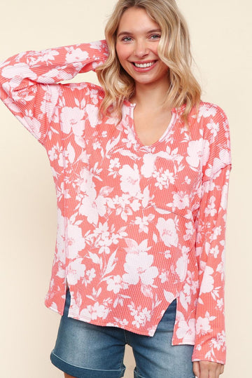 CORAL NOTCH NECK LONG SLEEVE FLORAL PRINT KNIT TOP
