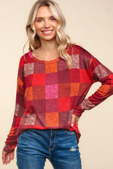 Long Sleeve Checker Plaid Soft Hacci Knit Top