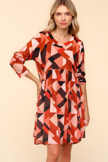 PLUS GEOMETRIC PRINT BABYDOLL WITH SIDE POCKETS