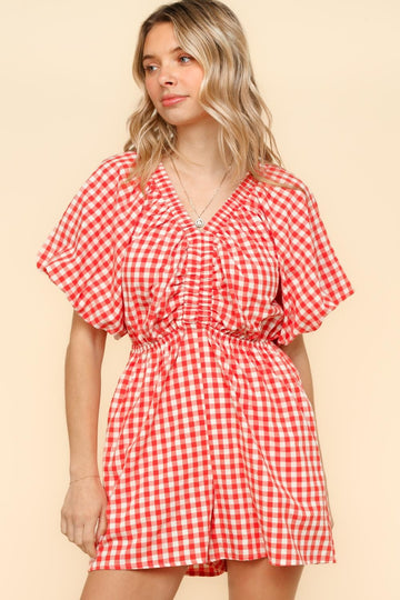 Red Gingham Check Woven Romper with Side Pockets