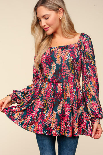 Plus Hunter Green/Berry Square Neck Babydoll Vintage Floral Knit Top