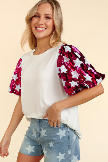 White/Magenta Star Sequins Bubble Short Sleeve Knit Top