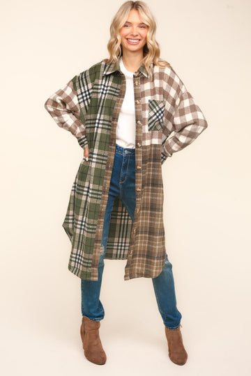 FLANNEL PLAID COLOR BLOCK LONG LENGTH SHACKET