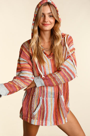 Plus Coral Sienna Stripe Pullover With Hoodie & Twill Tape