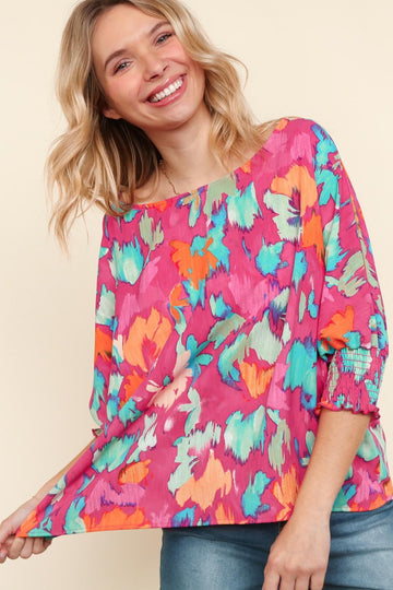 FUCHSIA OVERSIZED ELBOW SLEEVE W/ SMOCKING WOVEN TOP
