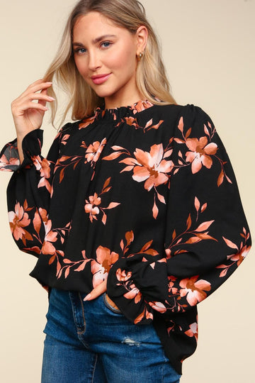 Floral Frilled Mock Neck with Button Blouse