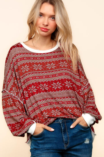 PLUS SNOW FLAKE PRINT SWEATER HACCI HOLIDAY TOP