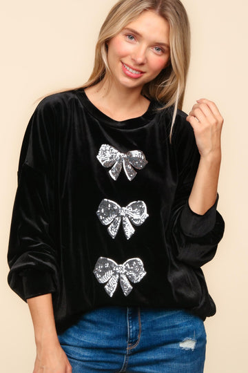 SOLID VELVET SEQUINS BOW PULLOVER KNIT TOP