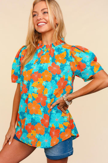 Plus Frilled Mock Neck Tropical Floral Woven Top