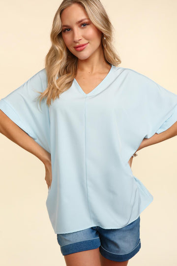 Plus Light Blue Drop Shoulder Dolman Stretched Woven Top