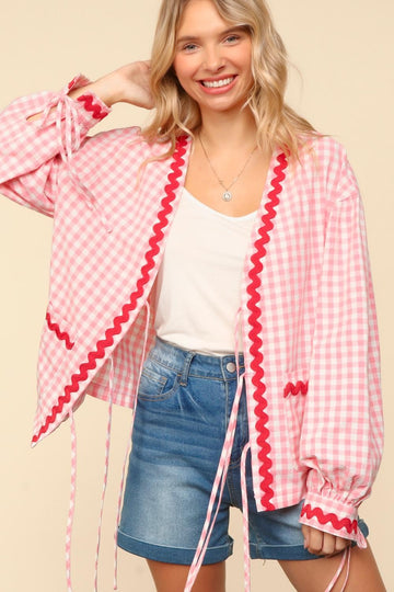 PLUS RIBBON TIE GINGHAM OVERSIZED JACKET W/ POCKET