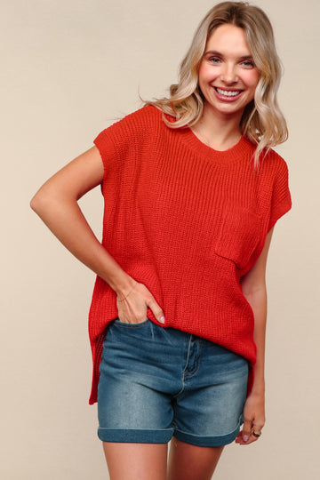 RED LOOSE FIT SOLID SWEATER KNIT TOP WITH POCKET