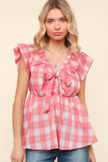 Plus Coral Cotton Ribbon Bow Tie Flutter Short Sleeve Woven Top
