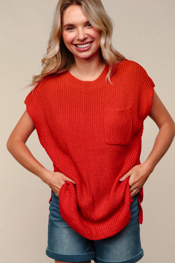 PLUS RED LOOSE FIT SOLID SWEATER KNIT TOP WITH POCKET