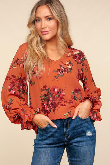 Rust V Neck Floral Print Woven Blouse Top