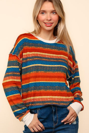 MULTICOLOR TEXTURED STRIPE PRINT KNIT TOP