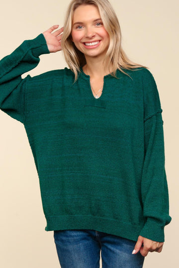 GREEN NOTCHED NECK OVERSIZED SWEATER KNIT HOLIDAY TOP