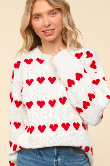LONG SLEEVE HEART STRIPE PULLOVER SWEATER TOP