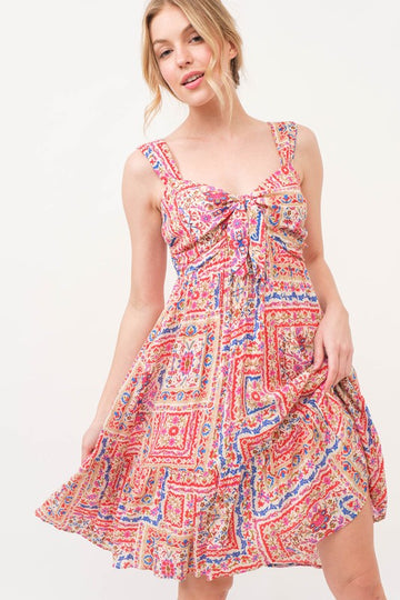 Tied Front Smocked Back Tiered Boho Printed Dress