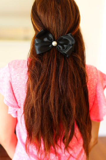 Black Satin Pearl Detail Coquette Bow (Open Pack)